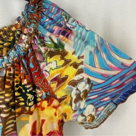 Christopher & Banks Bold Colorful Floral Sequins Tie Neck Flowy Cotton Top - Picture 6 of 14